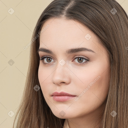 Neutral white young-adult female with long  brown hair and brown eyes