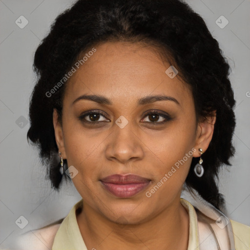 Joyful latino adult female with medium  brown hair and brown eyes