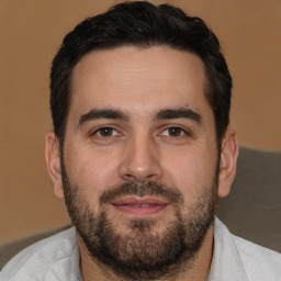 Joyful white young-adult male with short  brown hair and brown eyes