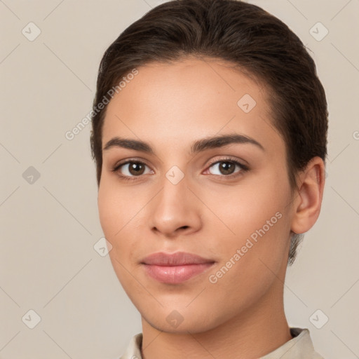 Neutral white young-adult female with short  brown hair and brown eyes