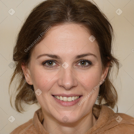 Joyful white young-adult female with medium  brown hair and green eyes