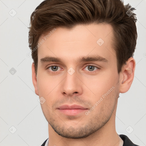 Neutral white young-adult male with short  brown hair and brown eyes