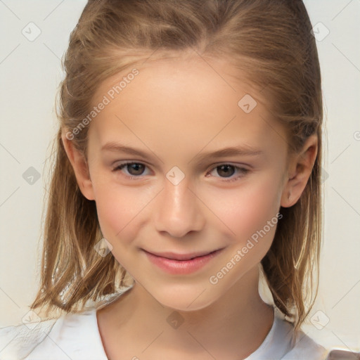 Joyful white child female with medium  brown hair and brown eyes