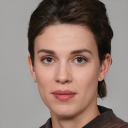 Neutral white young-adult female with short  brown hair and brown eyes