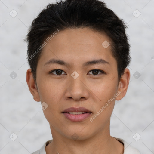 Joyful asian young-adult female with short  brown hair and brown eyes