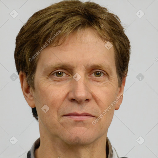 Joyful white adult male with short  brown hair and grey eyes