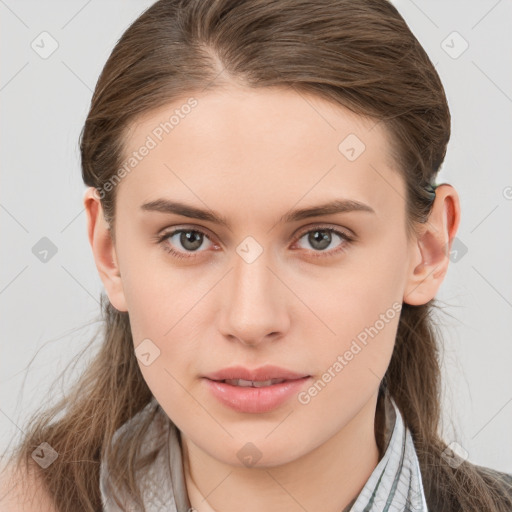 Neutral white young-adult female with long  brown hair and brown eyes