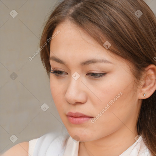 Neutral white young-adult female with medium  brown hair and brown eyes