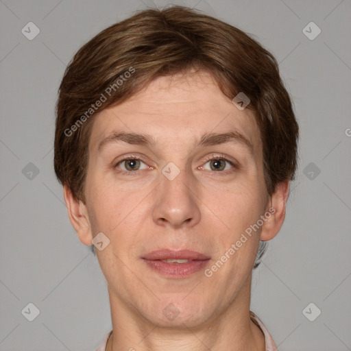 Joyful white adult male with short  brown hair and grey eyes