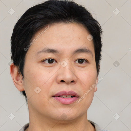 Joyful asian adult male with short  brown hair and brown eyes