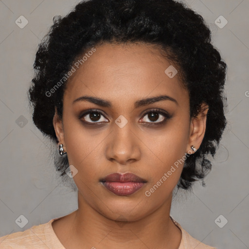 Neutral black young-adult female with short  black hair and brown eyes