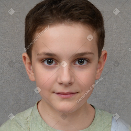 Joyful white child female with short  brown hair and brown eyes