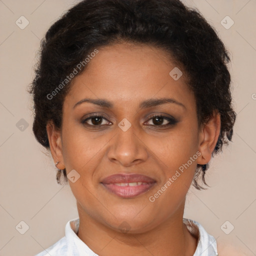 Joyful latino young-adult female with short  brown hair and brown eyes