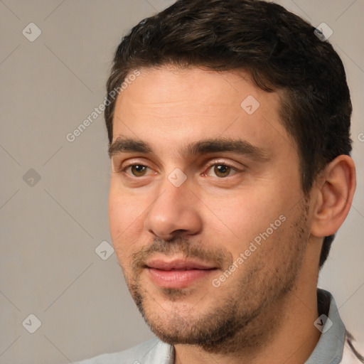Neutral white young-adult male with short  brown hair and brown eyes