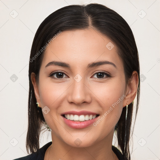 Joyful white young-adult female with long  brown hair and brown eyes