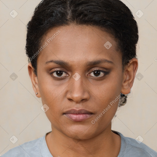 Neutral black young-adult female with short  brown hair and brown eyes