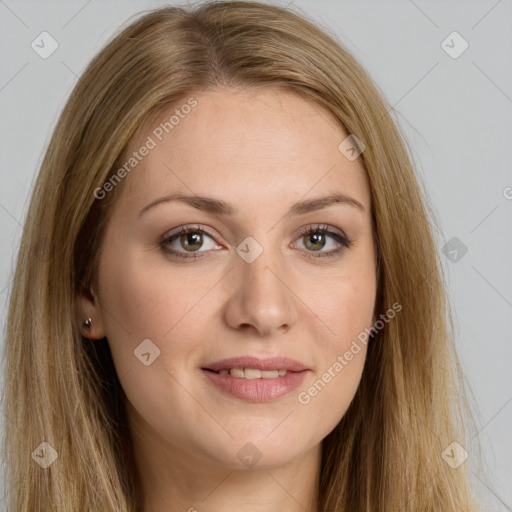 Joyful white young-adult female with long  brown hair and brown eyes