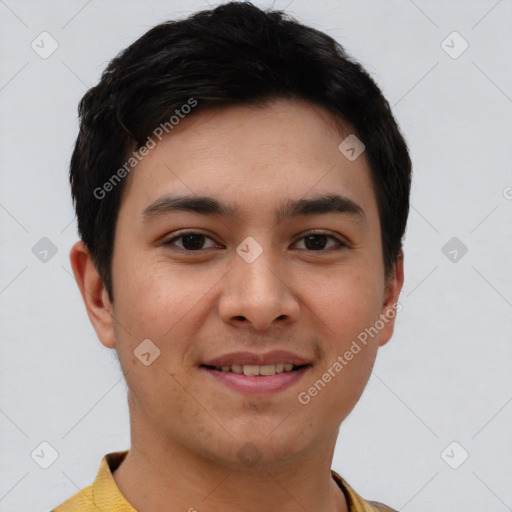 Joyful asian young-adult male with short  brown hair and brown eyes