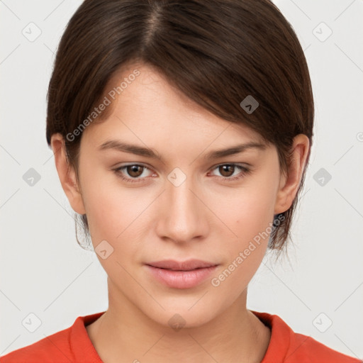 Neutral white young-adult female with short  brown hair and brown eyes