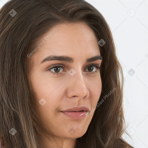 Neutral white young-adult female with long  brown hair and brown eyes