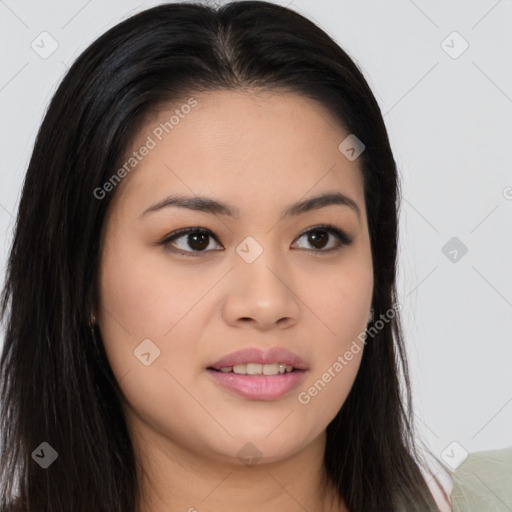 Joyful asian young-adult female with long  brown hair and brown eyes