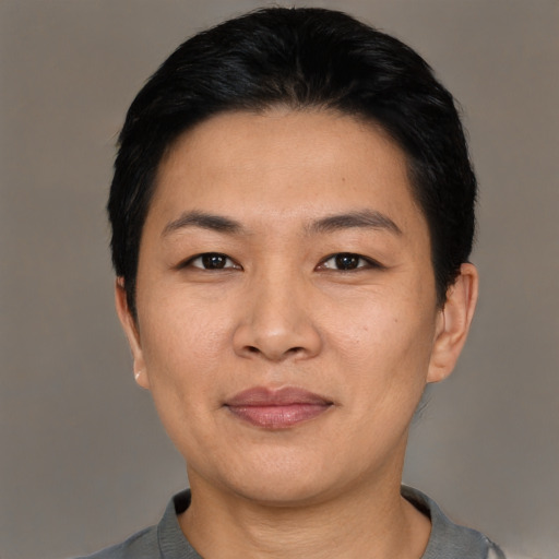 Joyful asian young-adult female with short  black hair and brown eyes