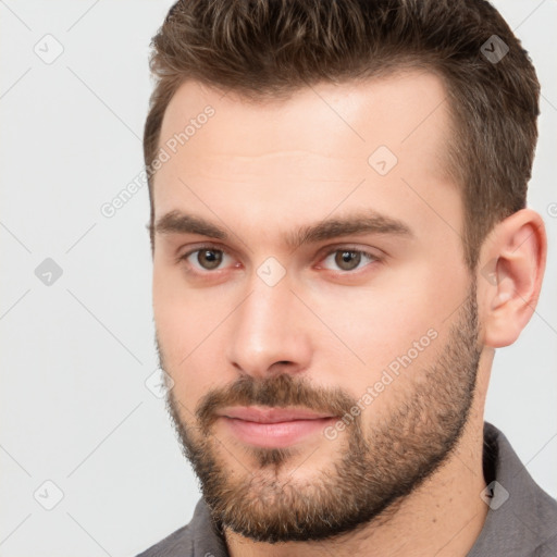 Neutral white young-adult male with short  brown hair and brown eyes