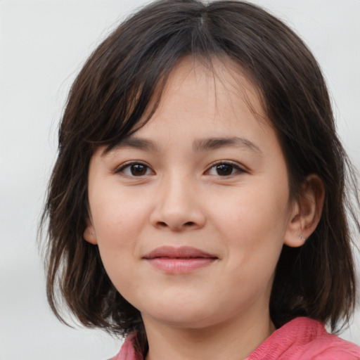 Joyful white child female with medium  brown hair and brown eyes