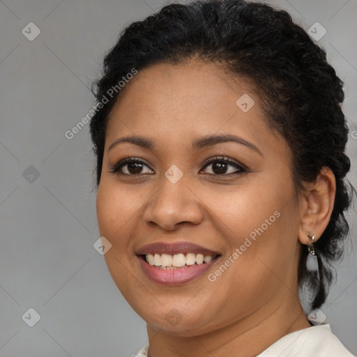 Joyful latino young-adult female with long  brown hair and brown eyes