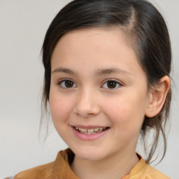 Joyful white child female with medium  brown hair and brown eyes