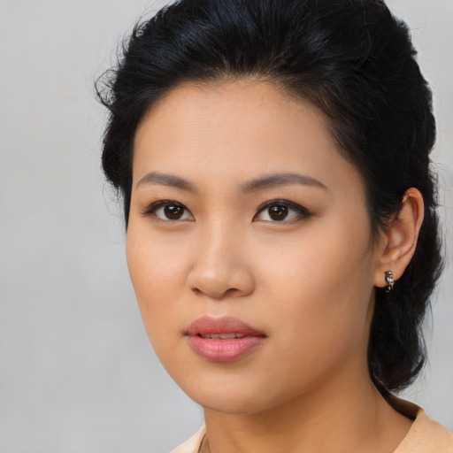 Neutral asian young-adult female with long  black hair and brown eyes