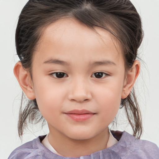 Joyful white child female with medium  brown hair and brown eyes