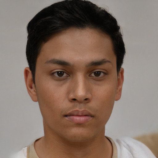 Neutral asian young-adult male with short  brown hair and brown eyes
