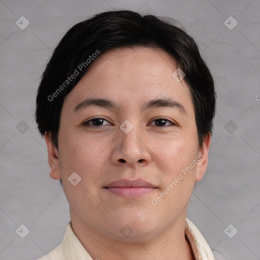 Neutral asian young-adult male with short  brown hair and brown eyes