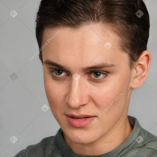 Joyful white young-adult female with short  brown hair and brown eyes