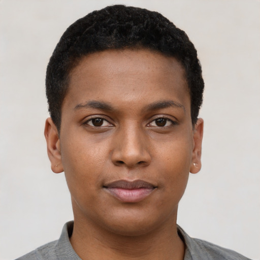 Neutral black young-adult female with short  black hair and brown eyes
