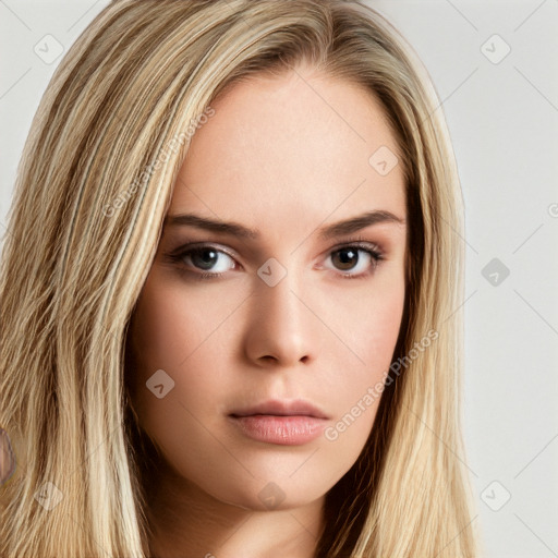 Neutral white young-adult female with long  brown hair and brown eyes