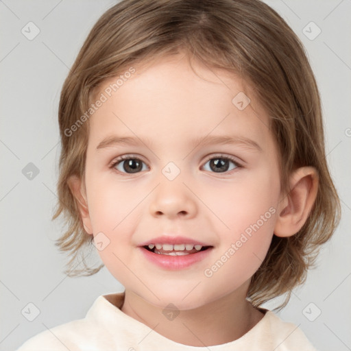 Joyful white child female with medium  brown hair and brown eyes