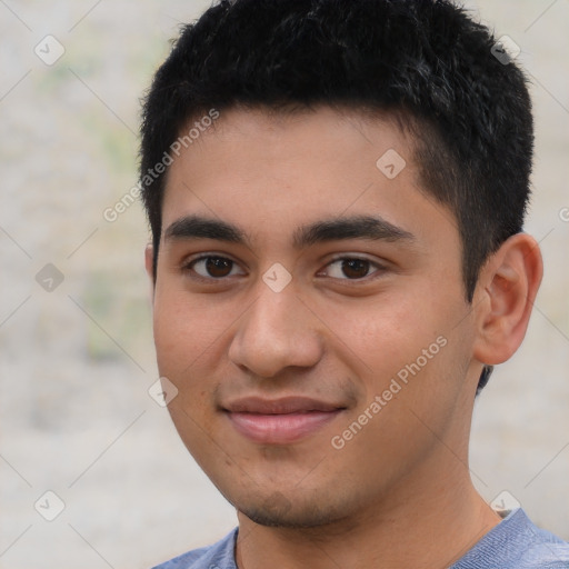 Joyful latino young-adult male with short  black hair and brown eyes