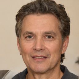 Joyful white middle-aged male with short  brown hair and brown eyes