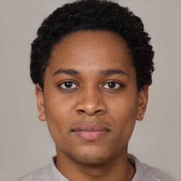 Neutral black young-adult female with short  black hair and brown eyes