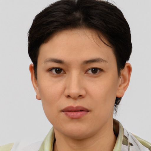 Neutral white young-adult female with short  brown hair and brown eyes