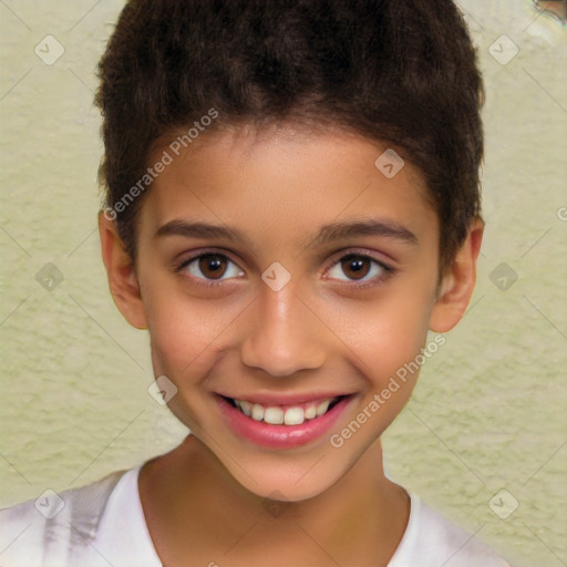 Joyful white child male with short  brown hair and brown eyes