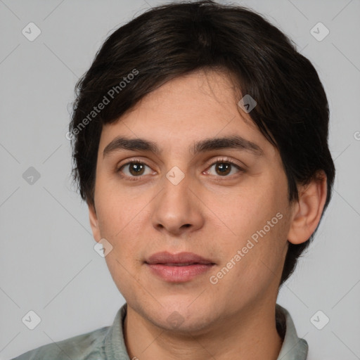 Joyful white young-adult male with medium  brown hair and brown eyes