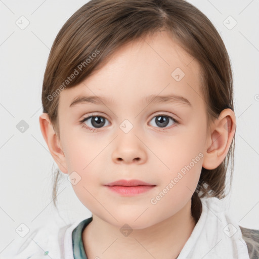 Joyful white child female with medium  brown hair and grey eyes