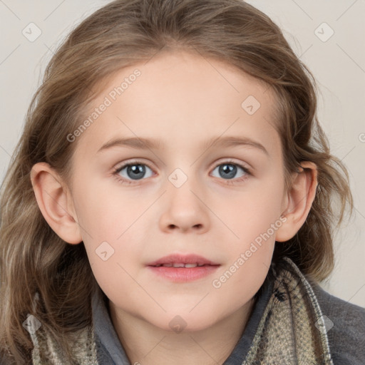 Joyful white child female with medium  brown hair and brown eyes