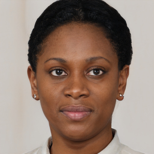 Neutral black young-adult female with short  black hair and brown eyes