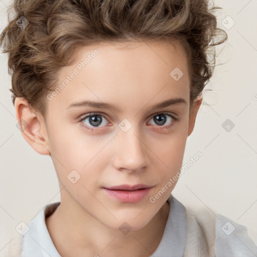 Joyful white child female with short  brown hair and brown eyes