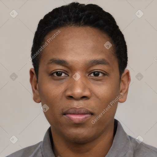 Neutral black young-adult male with short  black hair and brown eyes