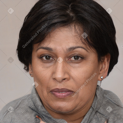 Joyful white adult female with short  brown hair and brown eyes